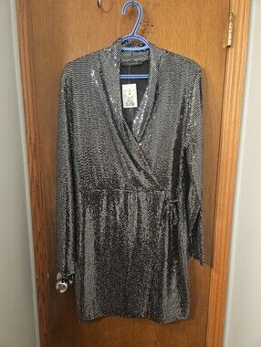 Silver Sequin Faux-Wrap Dress